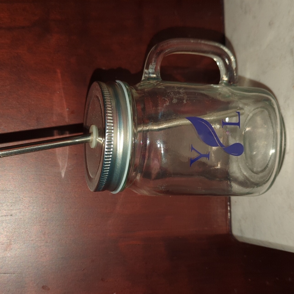 YL branded 12 oz Mason jar with metal straw